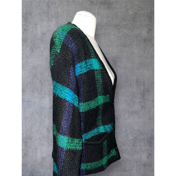 Vintage TJW By Mervyns Black & Green Plaid Knit Cardigan Sweater Size Large Pock - Picture 13 of 16